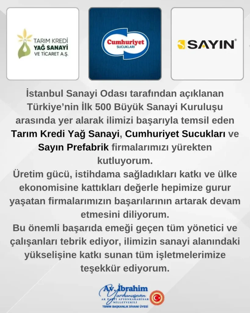 Tarım Kredi Yağ Sanayi ve Diğer Firmalar Türkiye’nin İlk 500 Büyük Sanayi Kuruluşu Arasında