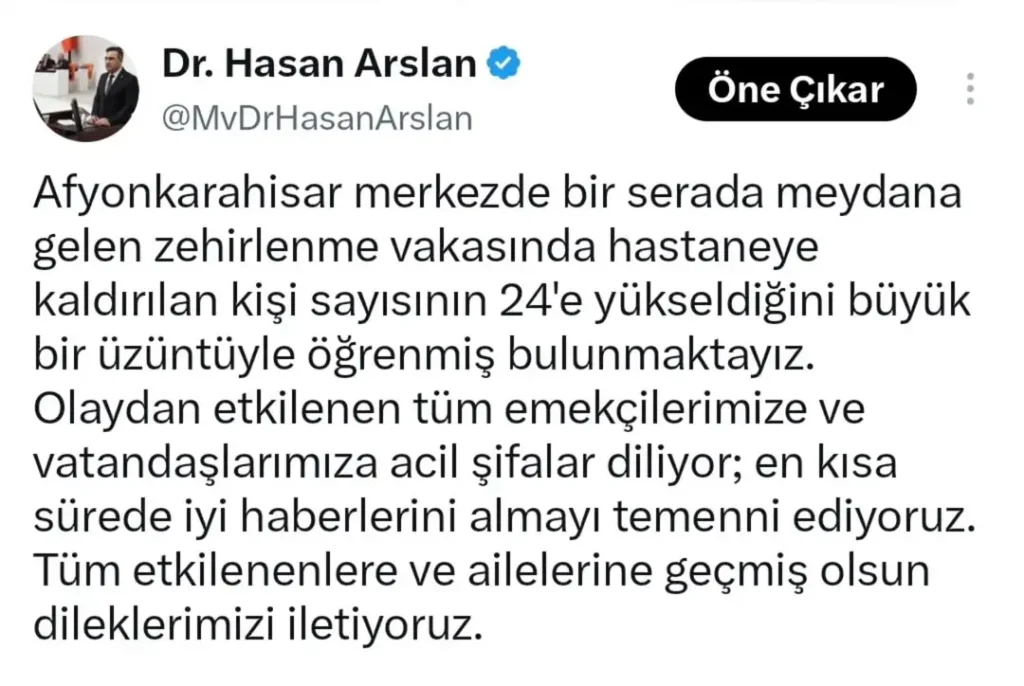 Afyonkarahisar’da Sera Zehirlenmesi: Hastaneye Kaldırılan Kişi Sayısı 24’e Yükseldi