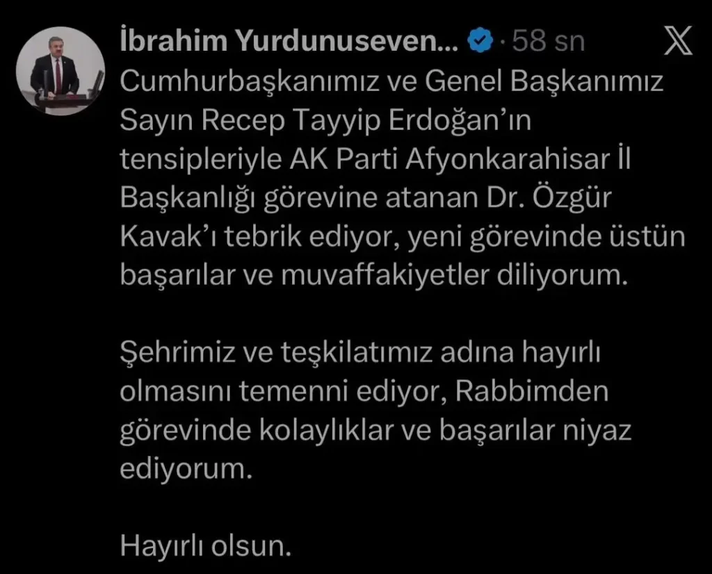 AK Parti Afyonkarahisar İl Başkanlığı’na Dr. Özgür Kavak Atandı