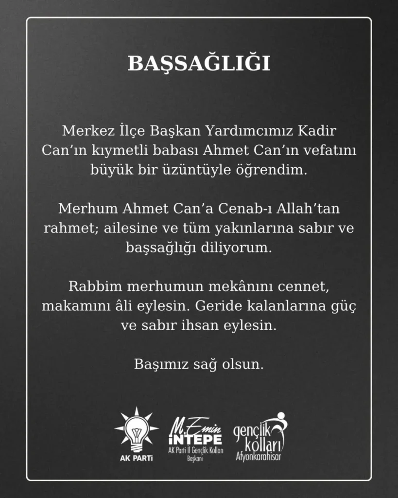 Ak Parti Afyonkarahisar İl Gençlik Kolları Başkanı’nın Başsağlığı Mesajı