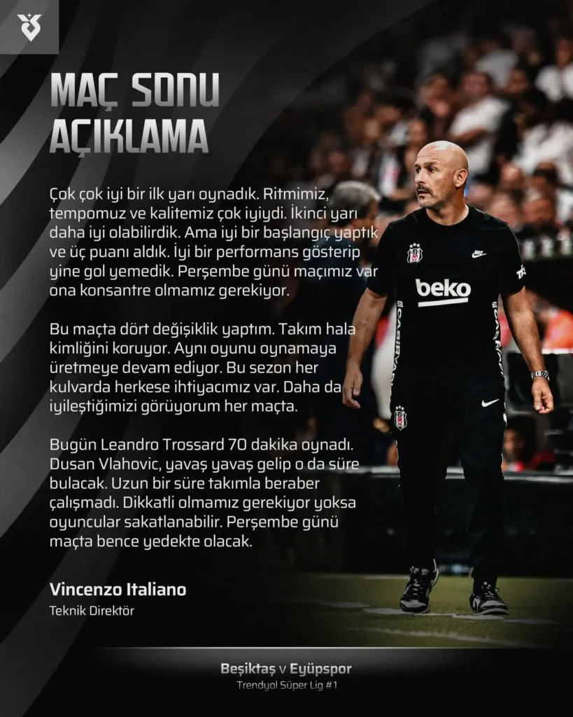 Beşiktaş’ın Teknik Direktörü Vincenzo Italiano’dan Maç Sonu Açıklaması