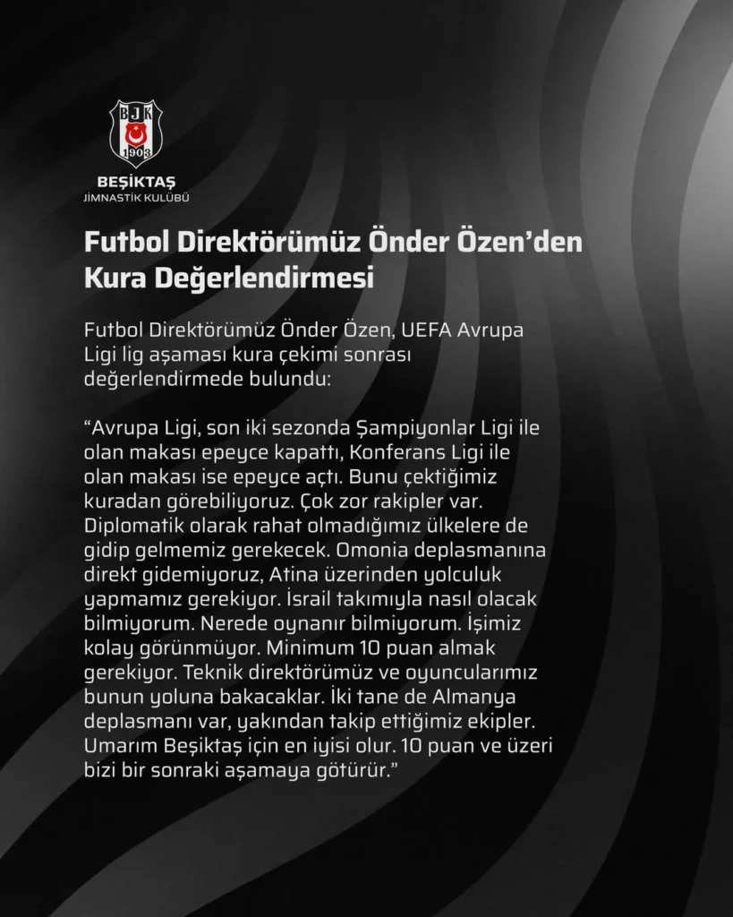 Beşiktaş’ın UEFA Avrupa Ligi Kura Değerlendirmesi