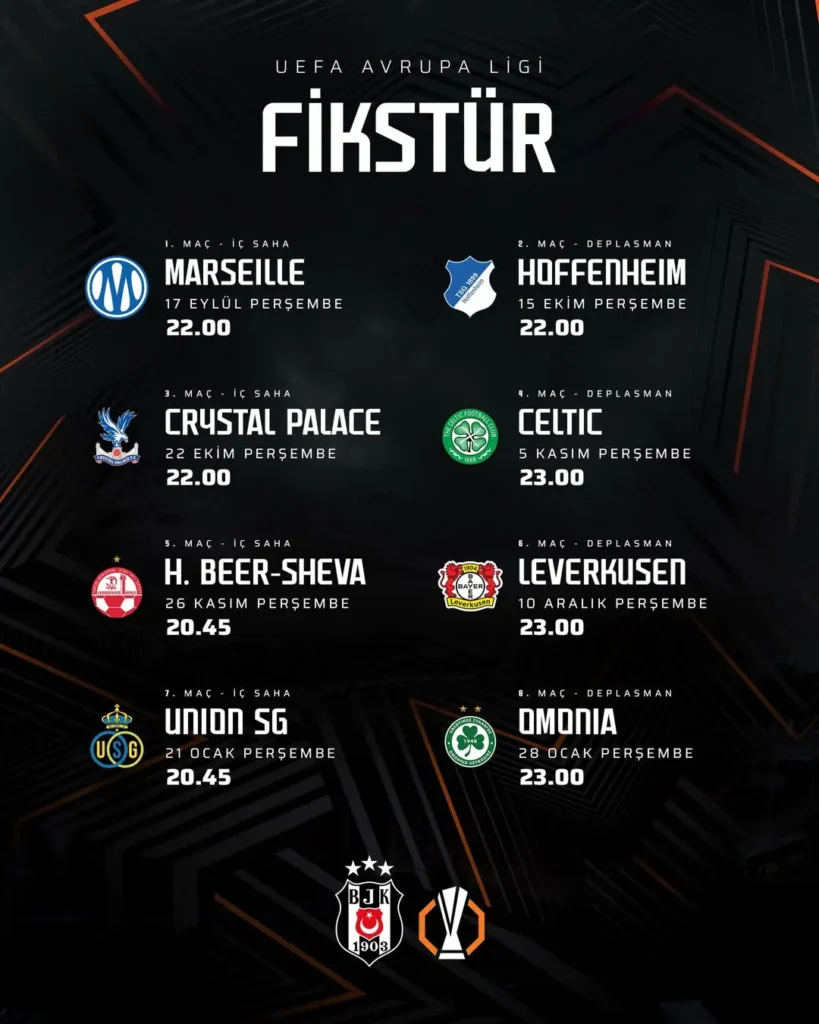 Beşiktaş’ın UEFA Avrupa Ligi Lig Aşaması Fikstürü Belli Oldu