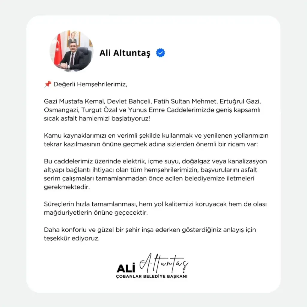 Çobanlar Belediye Başkanı Ali Altuntaş’tan Değerli Hemşehrilerimize Mesaj