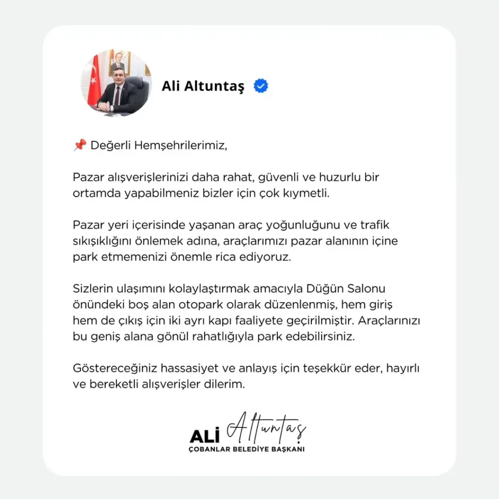 Çobanlar Belediye Başkanı’ndan Pazar Yeri Duyurusu