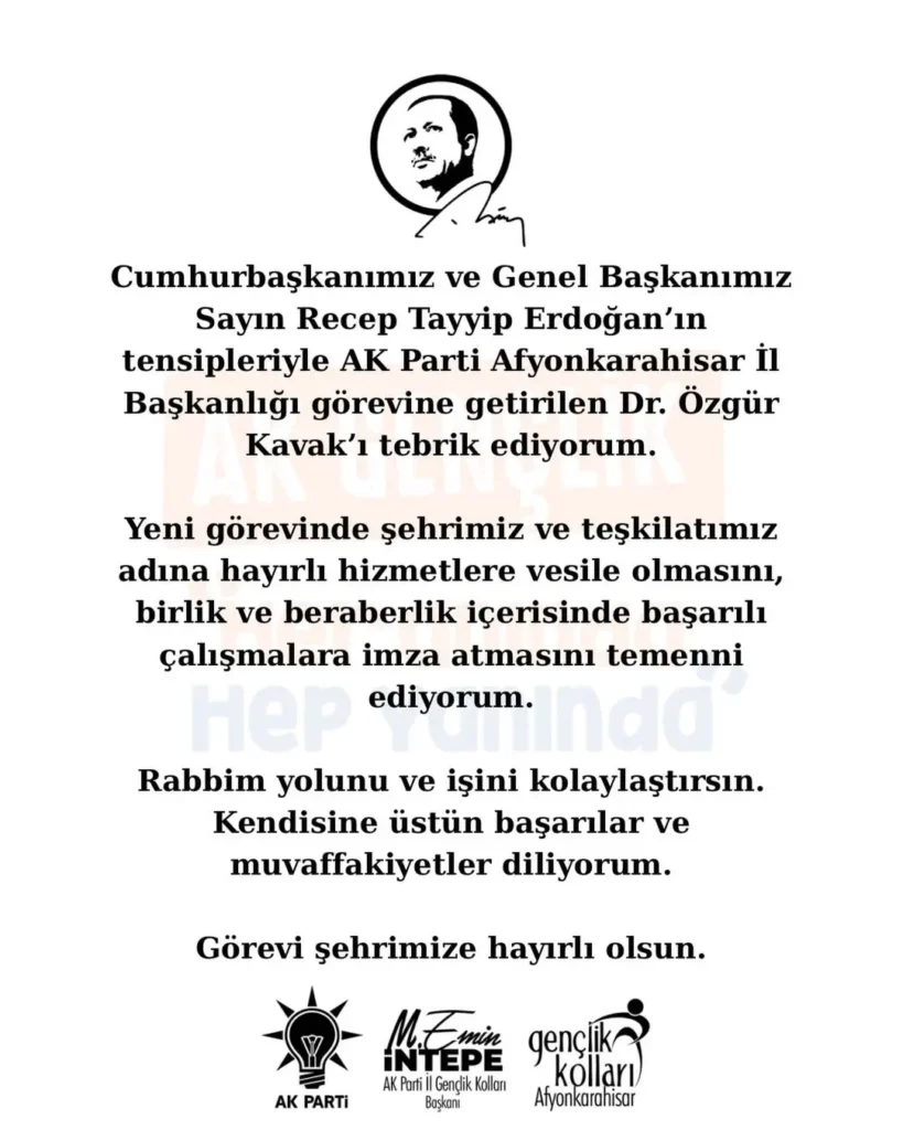 Dr. Özgür Kavak, AK Parti Afyonkarahisar İl Başkanlığı Görevine Getirildi