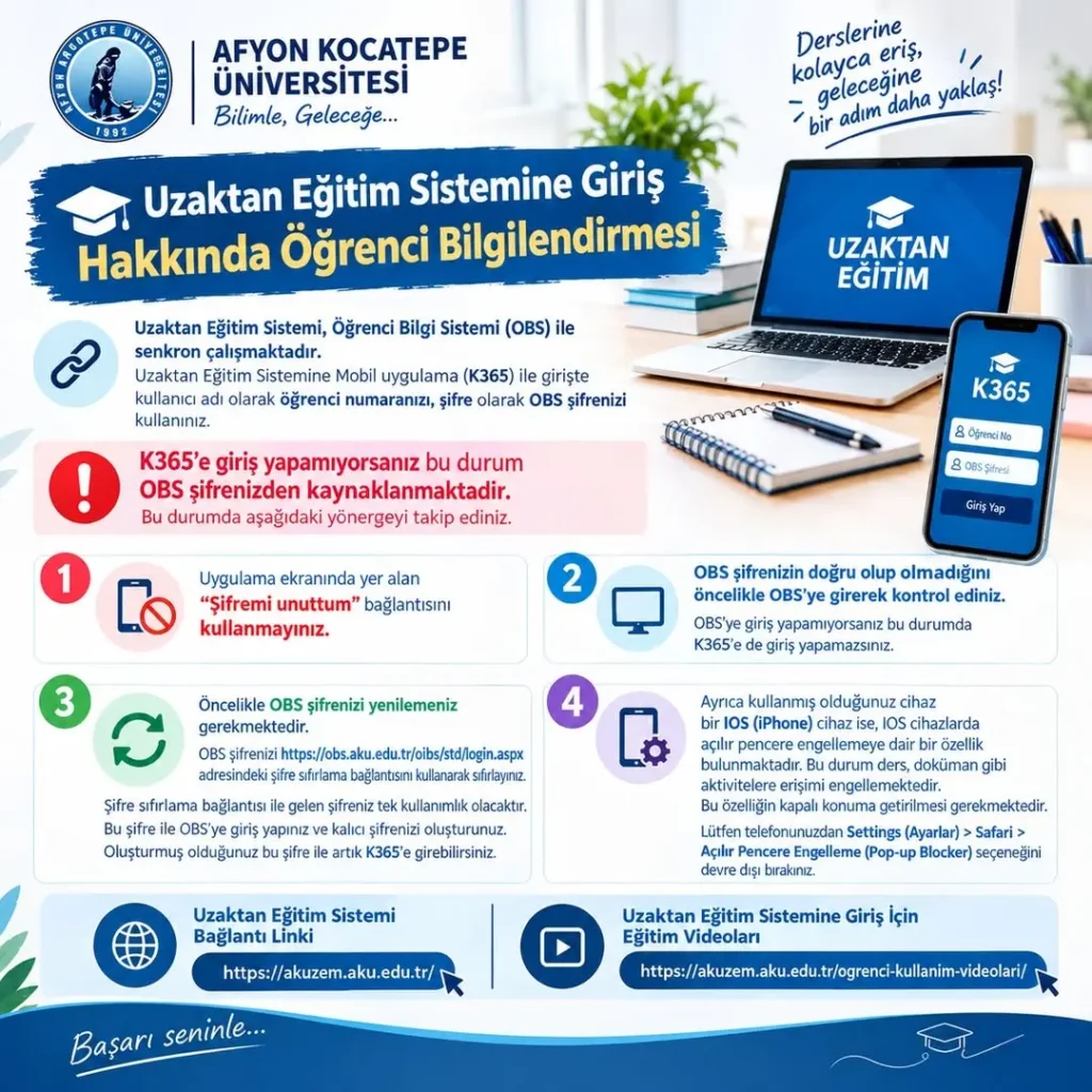 Afyon Kocatepe Üniversitesi Uzaktan Eğitim Sistemi Girişi Hakkında Bilgilendirme