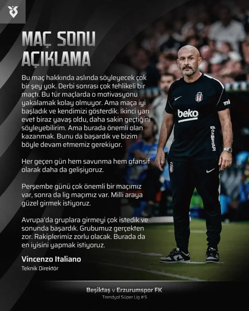 Beşiktaş’tan Vincenzo Italiano’dan Maç Sonu Açıklama