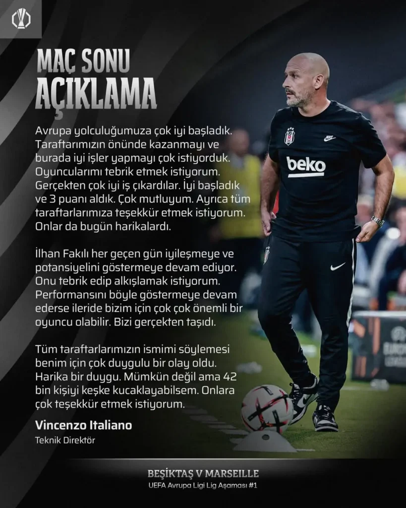 Beşiktaş’ın Teknik Direktörü Vincenzo Italiano Maç Sonu Açıklamalarını Paylaştı