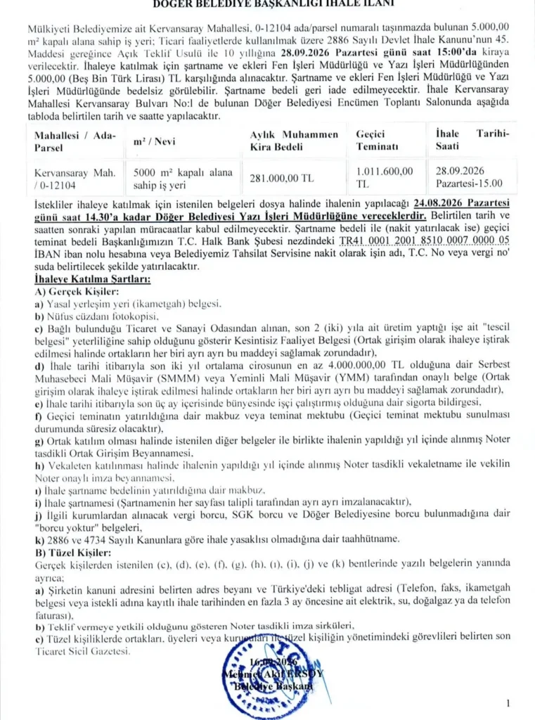 Döğer Belediye Başkanlığından Kiralık İş Yeri İhalesi