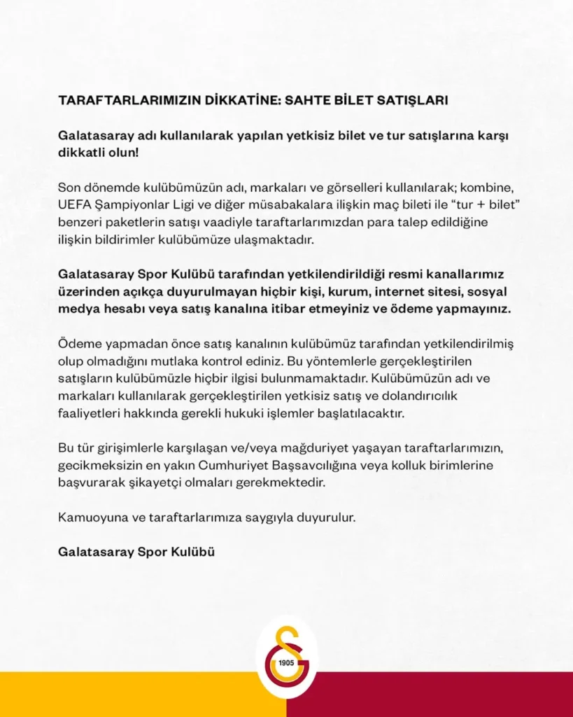Galatasaray’dan Sahipsiz Bilet Uyarısı
