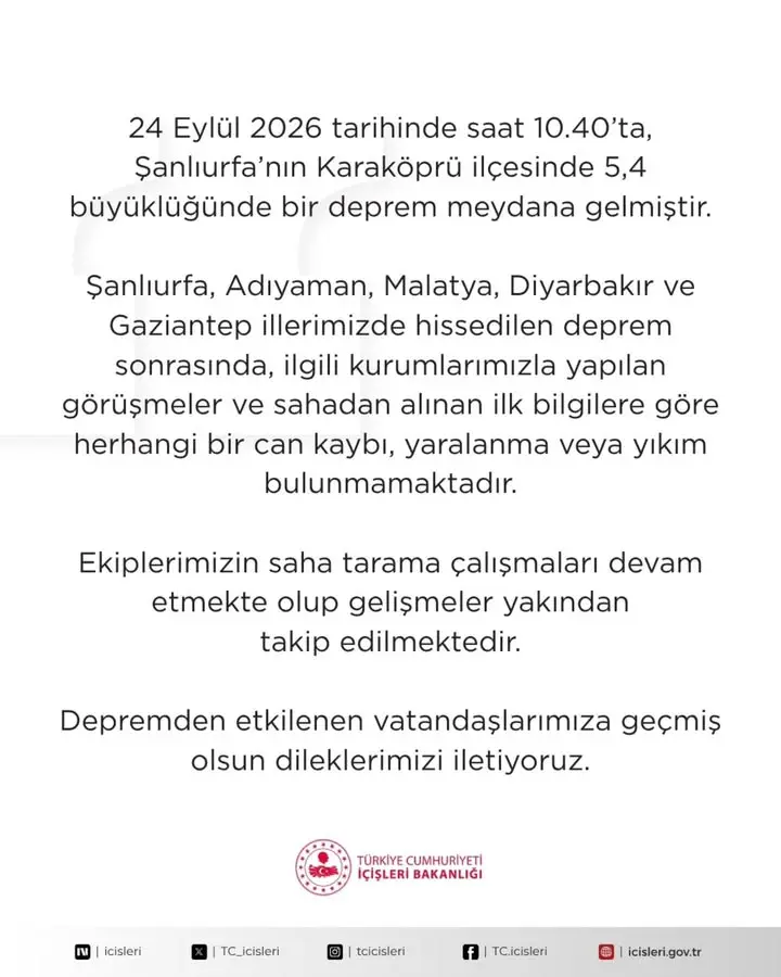 Şanlıurfa Karaköprü’de 5,4 Büyüklüğünde Deprem Meydana Geldi