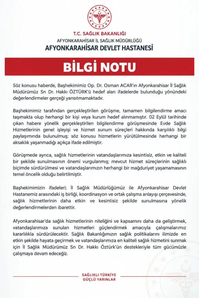 Afyonkarahisar Devlet Hastanesi’nden Açıklama: Bilgi Notu