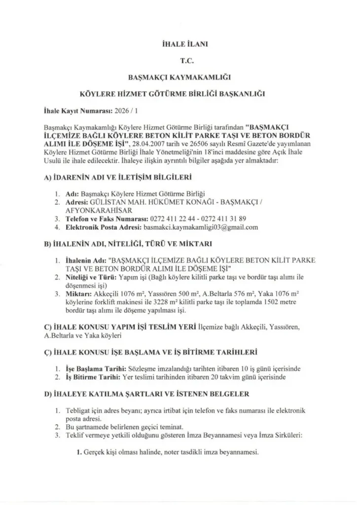 Başmakçı’da İhale İlanı Duyurusu