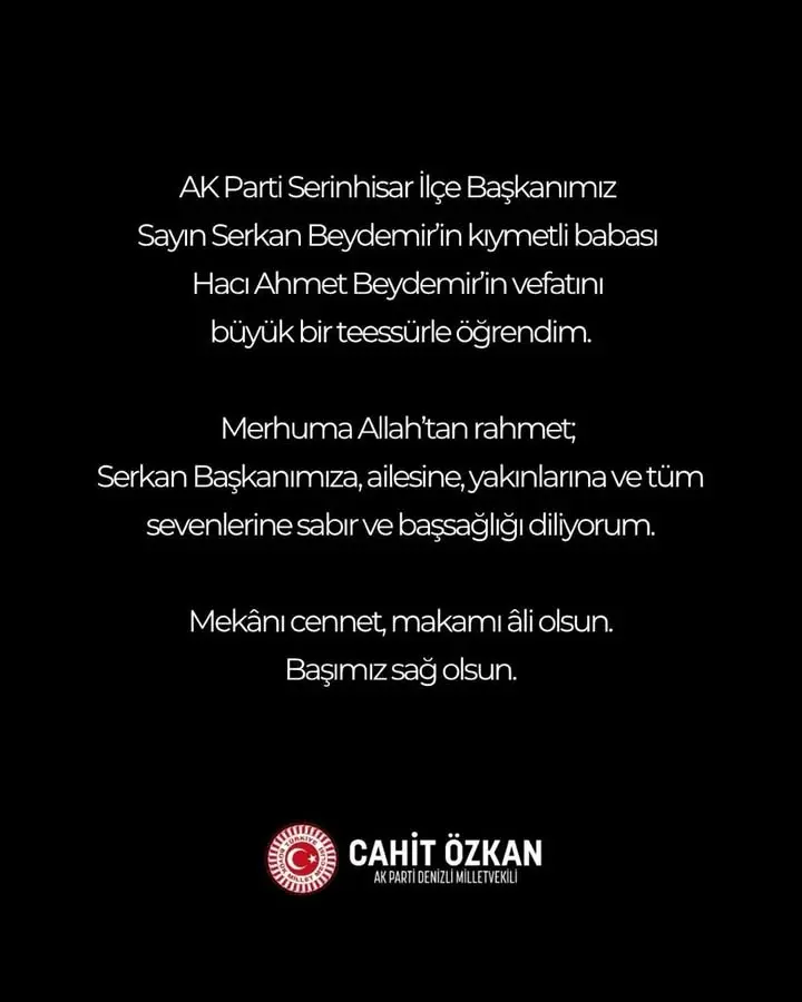 Cahit Özkan’dan Hacı Ahmet Beydemir için başsağlığı mesajı