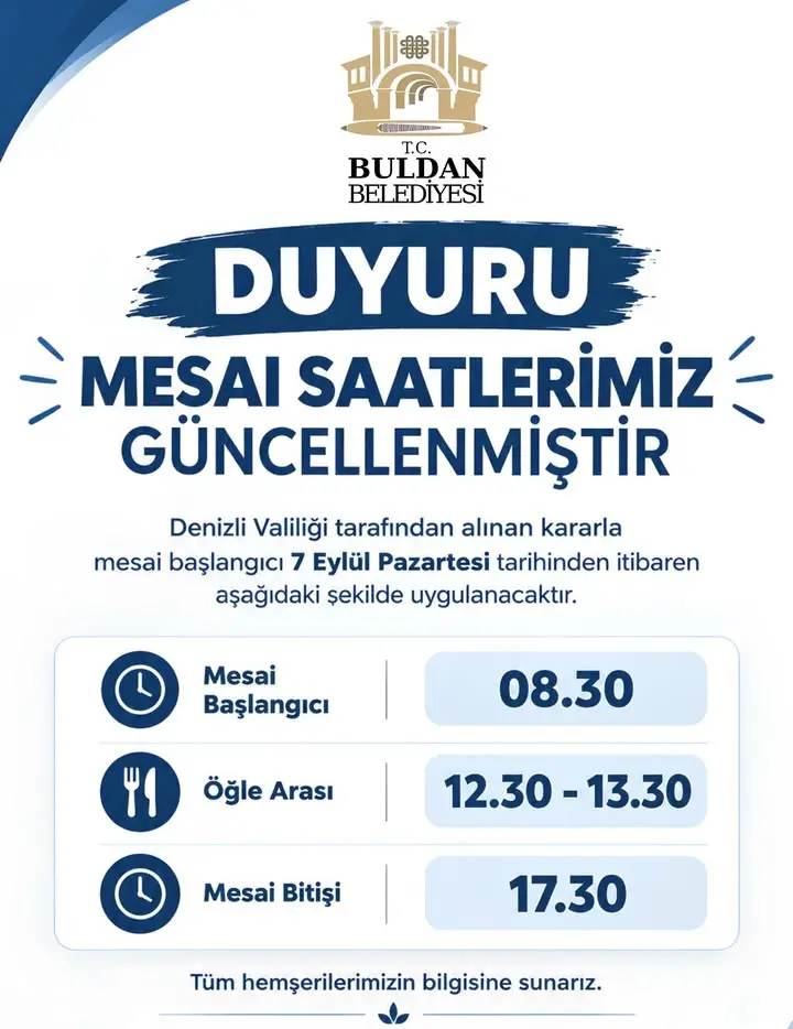Denizli Buldan Belediyesi mesai saatlerini güncelledi