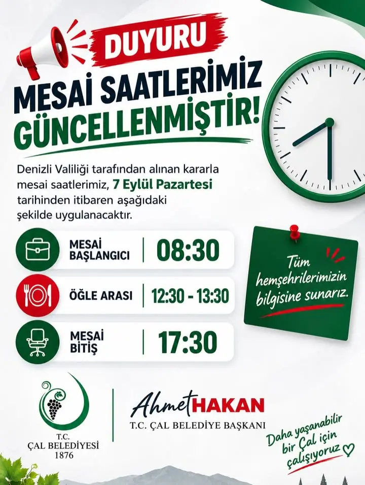 Denizli Çal Belediyesi mesai saatlerini güncelledi