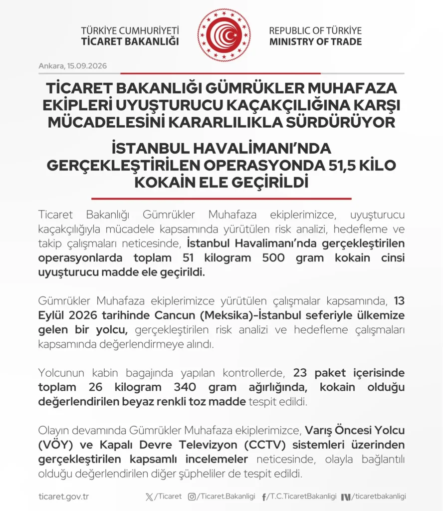 İstanbul Havalimanı’nda 51.5 kilogram kokain ele geçirildi