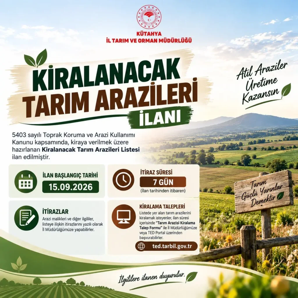 Kütahya’da Kiralanacak Tarım Arazileri İlanı