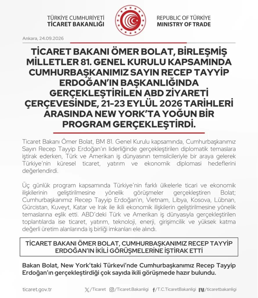 Ticaret Bakanı Bolat, BM Genel Kurulu’nda