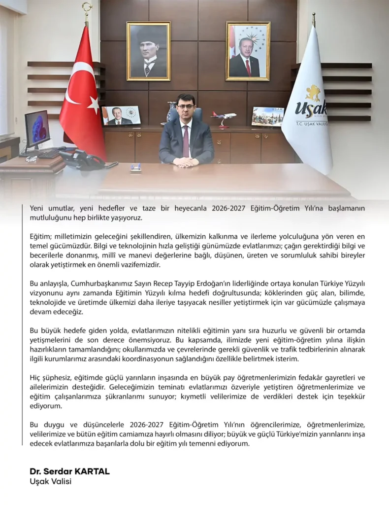 Uşak Valisi 2026-2027 Eğitim Mesajını Duyurdu